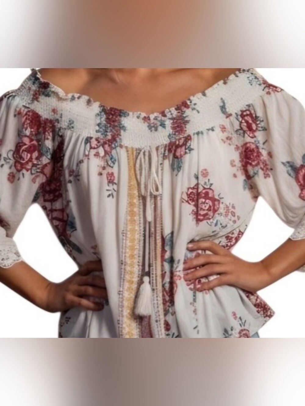 Small Rose Print On Cream Color Flowy Blouse With Lace
